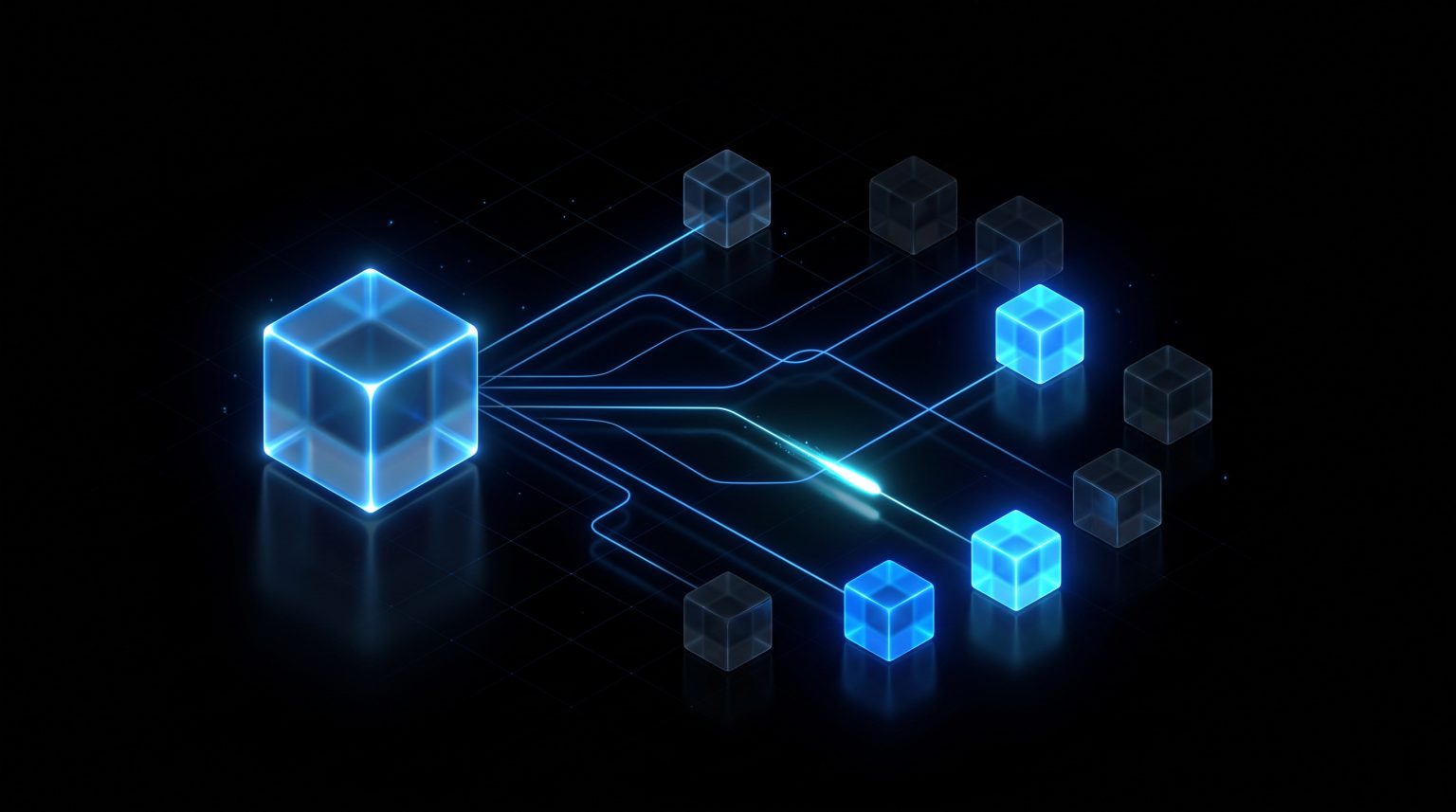 Illustration: cyber dependencies shown as one bright provider cube linked to many smaller cubes, a few lit
