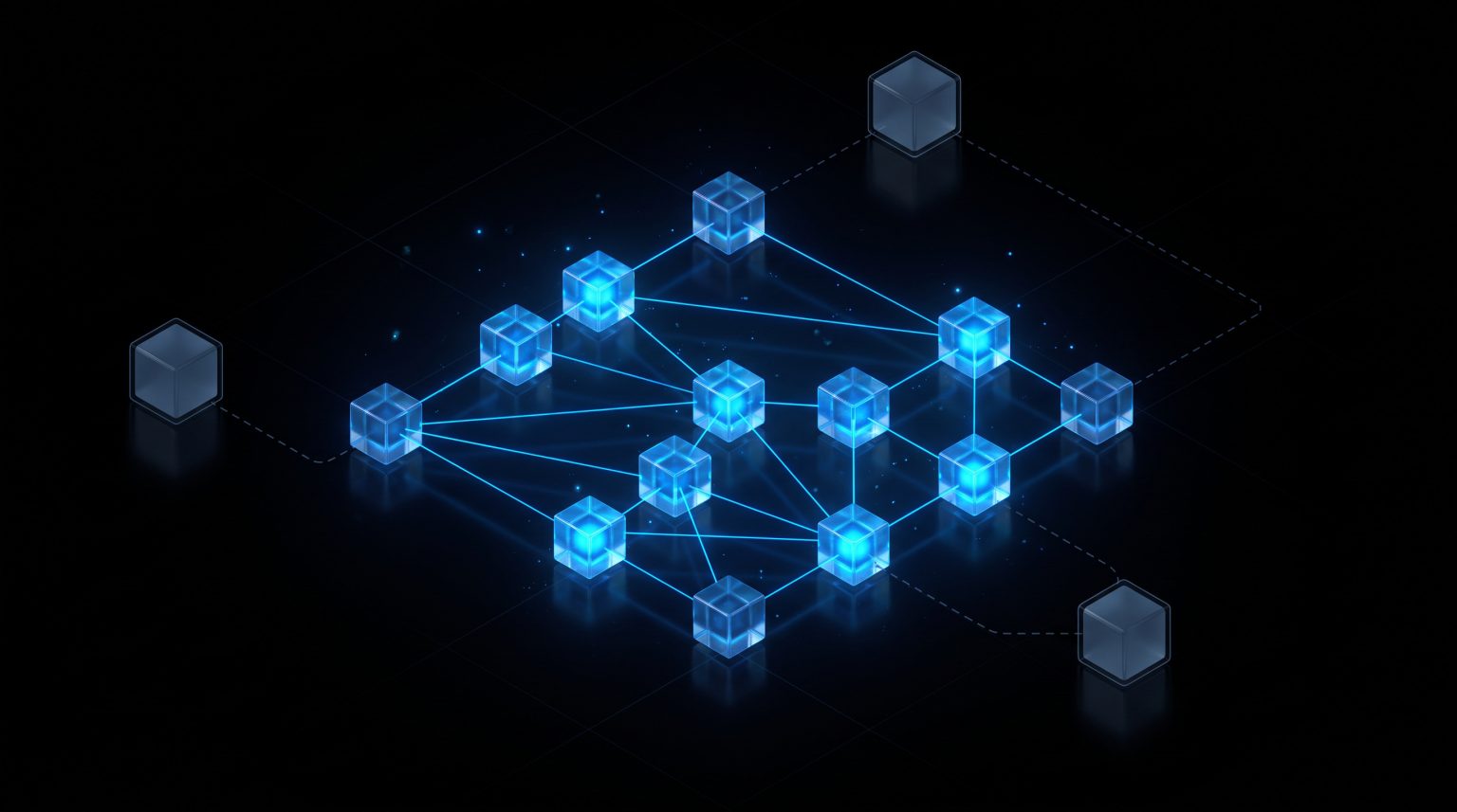 Illustration: a cyber dependencies map of glowing glass cubes with three dim, unmapped cubes on dashed lines