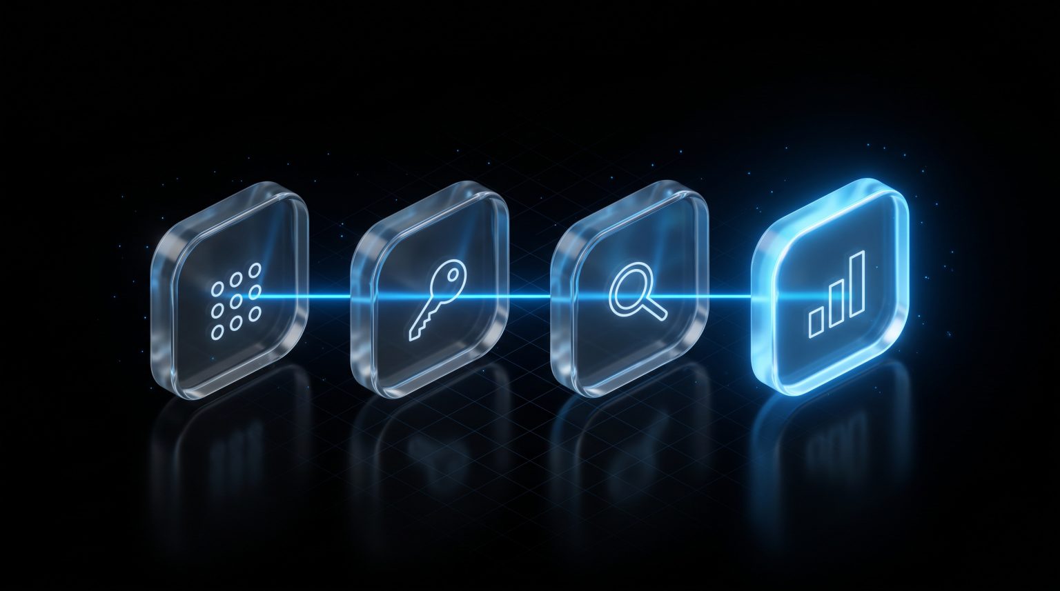Illustration: four glass tiles with icons for mapping, access, testing and reporting, linked by one line