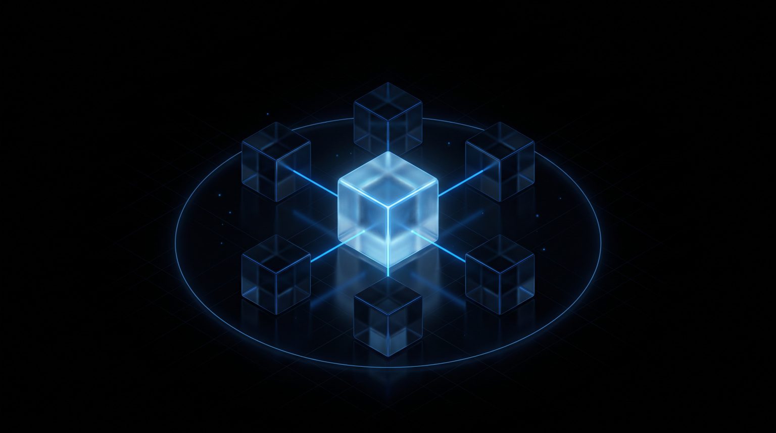 Illustration: mapped cyber dependencies as a central glass cube linked to six dark glass cubes inside a thin ring