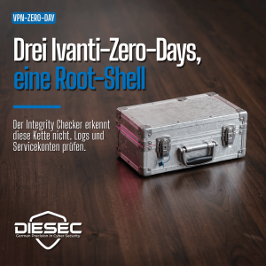 Ivanti Connect Secure Zero-Day-Kette CVE-2026-104935: ein Aluminiumkoffer mit aufgebrochenem blauem Sicherheitssiegel auf dunklem Holzboden, Überschrift “Drei Ivanti-Zero-Days, eine Root-Shell”