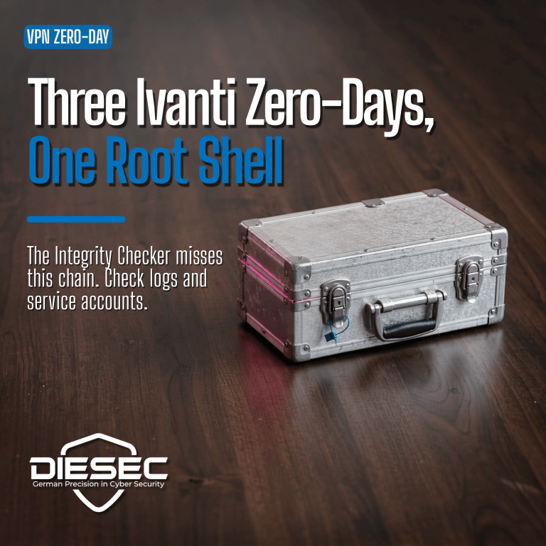 Ivanti Connect Secure zero-day chain CVE-2026-104935: a brushed-aluminium case with a broken blue tamper seal on a dark wooden floor, headline “Three Ivanti Zero-Days, One Root Shell”