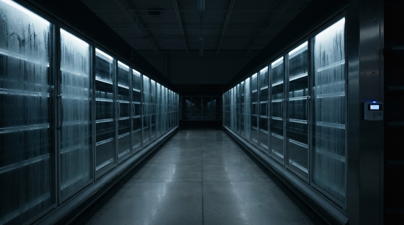 Rows of dark commercial refrigeration display cases in a supermarket aisle with an unlit control panel in the foreground