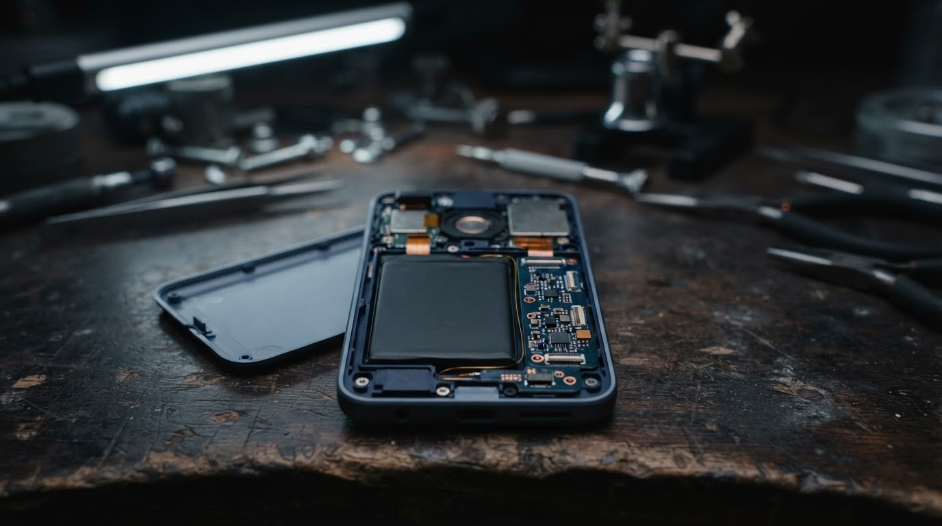 Top 5 Cybersecurity News illustration of an opened hardware wallet on a workbench with a small hidden circuit board beside the battery
