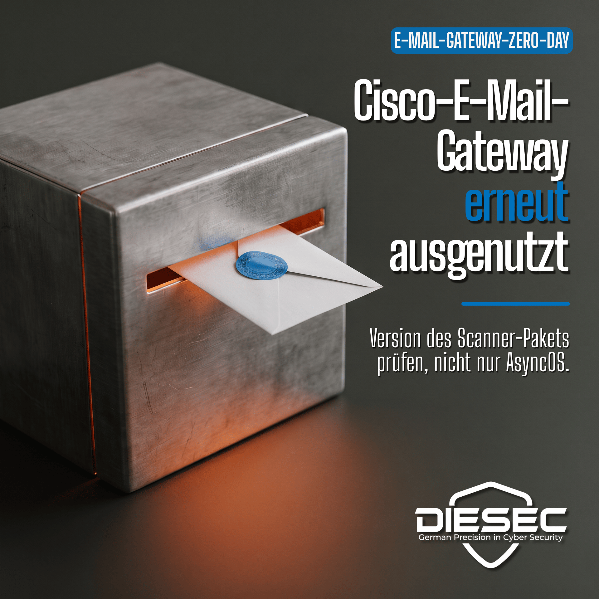 Cisco Secure Email Gateway Zero-Day CVE-2026-76519: Inspektionsbox aus Stahl, Briefumschlag im Schlitz, orangefarbenes Licht tritt aus