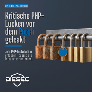 Sieben Vorhängeschlösser an einer Stahlschiene, drei verrostet, vier aus Messing, eines mit blauem Anhänger, darüber die Schlagzeile Kritische PHP-Lücken vor dem Patch geleakt