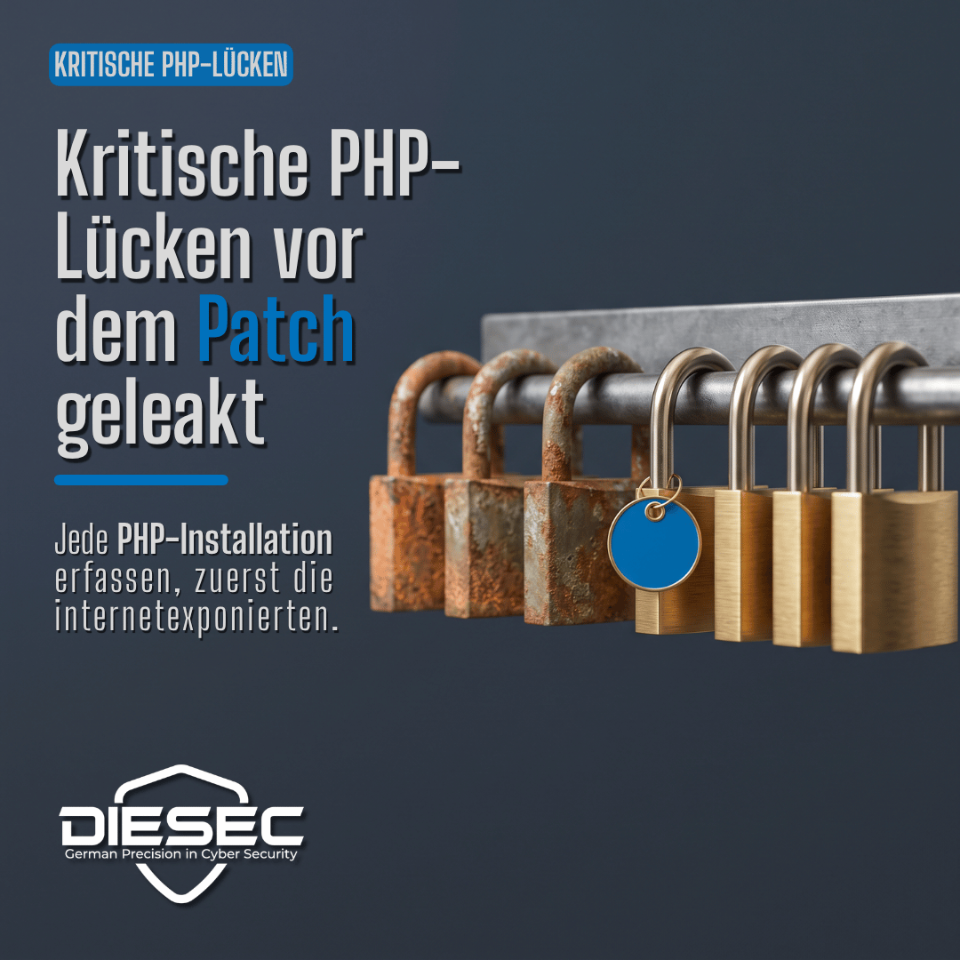 Sieben Vorhängeschlösser an einer Stahlschiene, drei verrostet, vier aus Messing, eines mit blauem Anhänger, darüber die Schlagzeile Kritische PHP-Lücken vor dem Patch geleakt