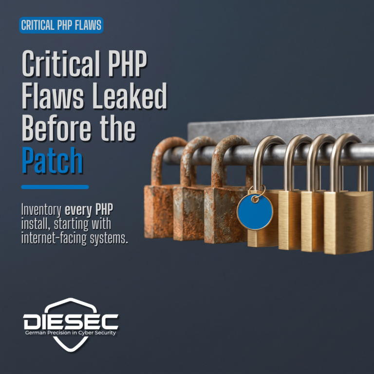 Seven padlocks on a steel rail, three rusted and four brass, one with a blue tag, under the headline Critical PHP Flaws Leaked Before the Patch