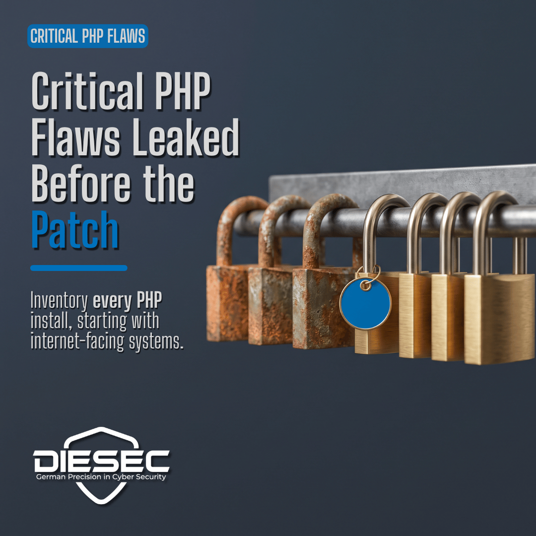 Seven padlocks on a steel rail, three rusted and four brass, one with a blue tag, under the headline Critical PHP Flaws Leaked Before the Patch