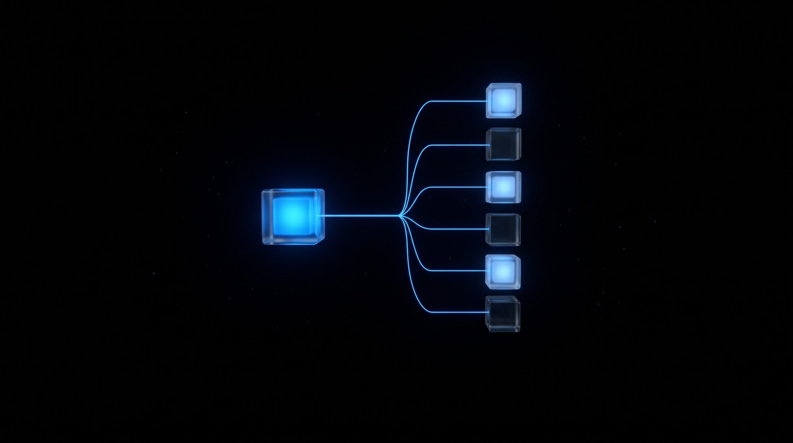 Illustration: ConnectWise Cloud Backup als Anbieterwürfel, der eine helle Linie zu einer Reihe von Kunden-Tenant-Würfeln sendet
