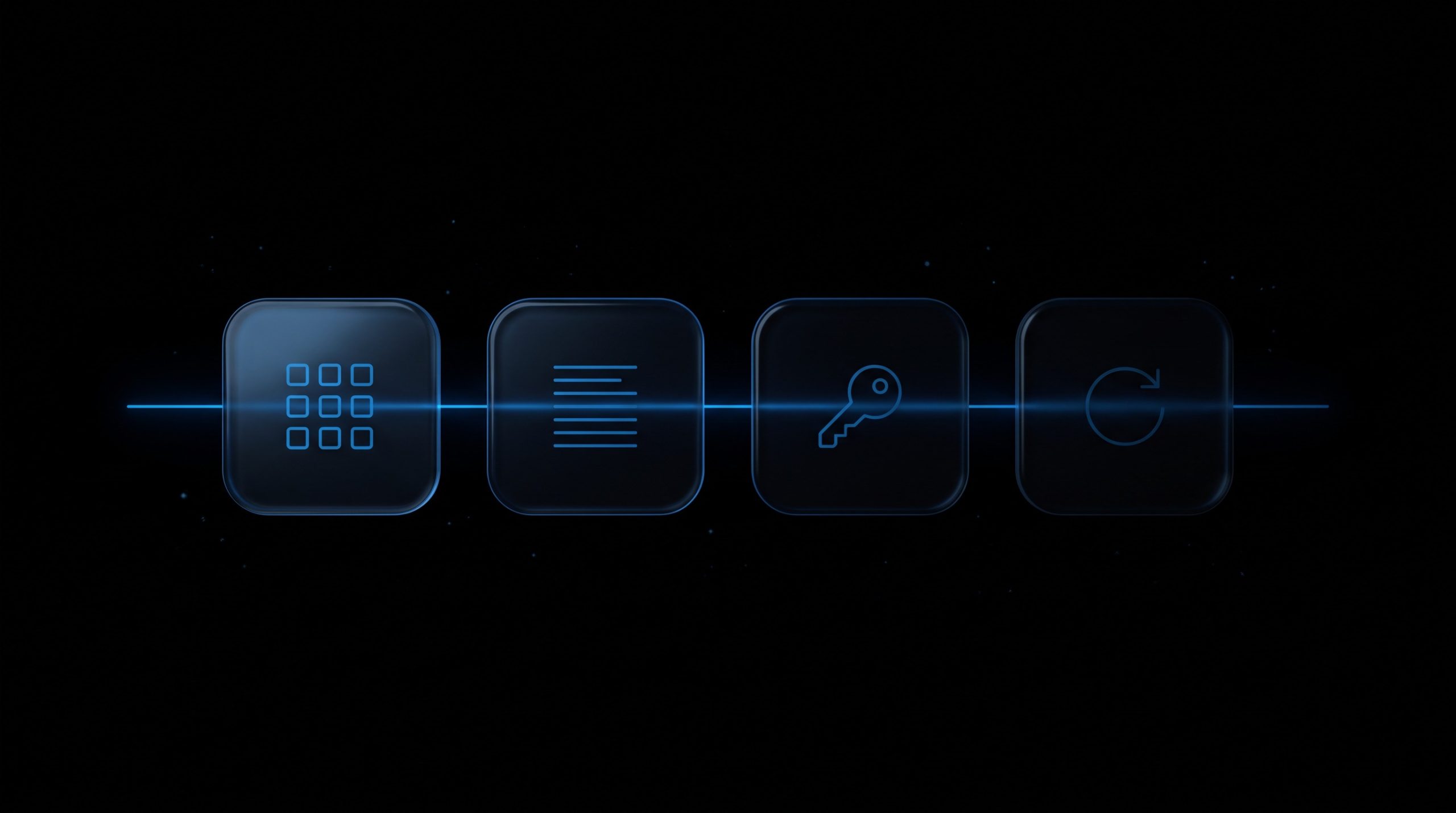 Illustration: vier gläserne Kacheln mit Symbolen für die Prüfungen zu ConnectWise Cloud Backup: Anwendungen, Anmeldeprotokolle, Zugangsdaten und Wiederherstellung