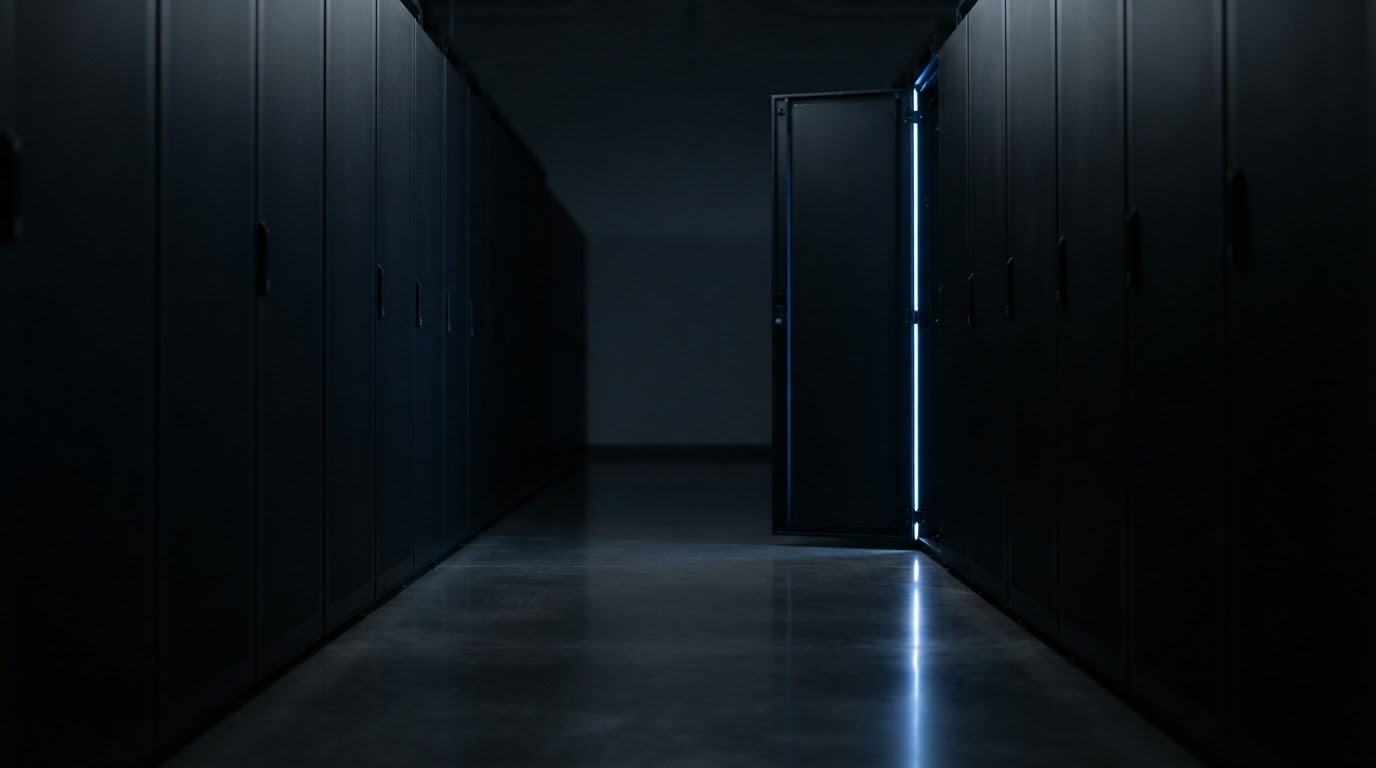 Top 5 Cybersecurity News illustration of a corridor of identical dark server cabinet doors, one slightly ajar with a thin blue light