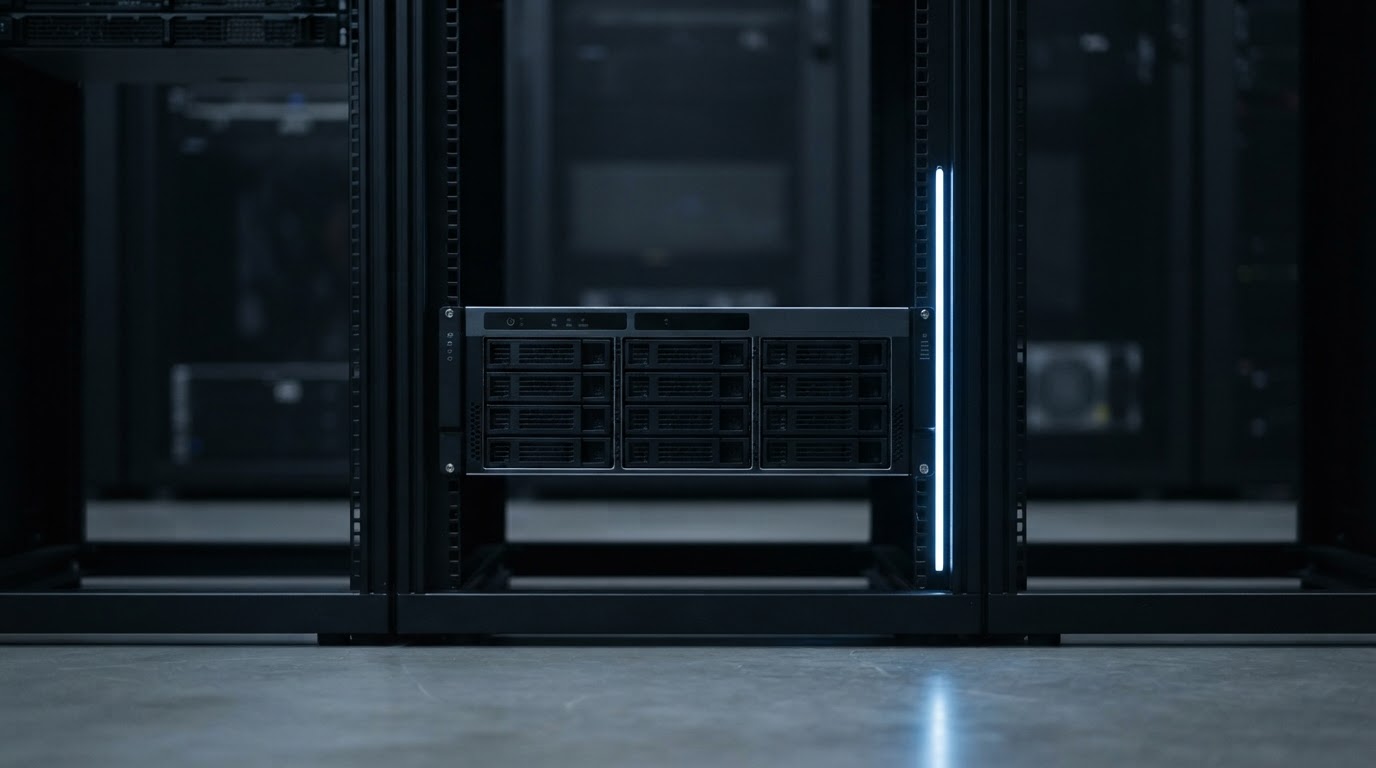 Network storage unit in a dark server room with all status lights switched off