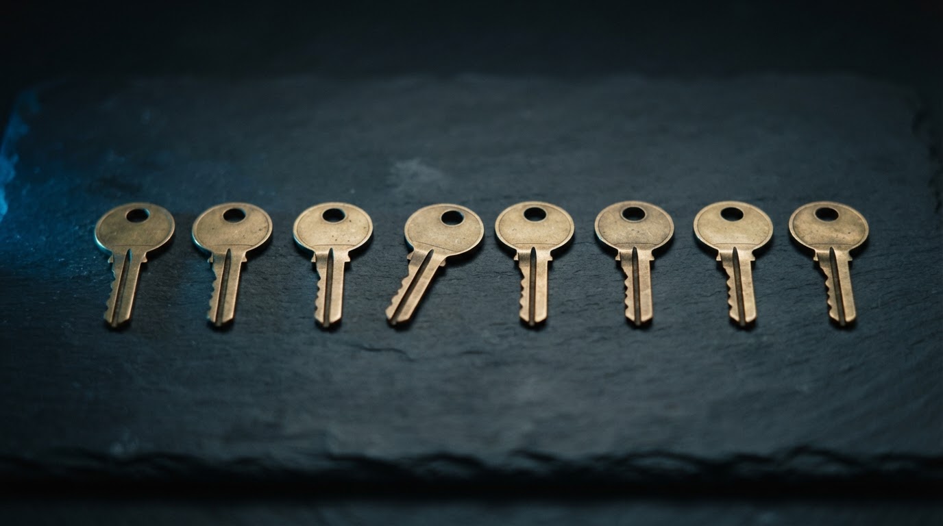 Top 5 Cybersecurity News illustration of eight identical brass keys on a dark table, one slightly out of line