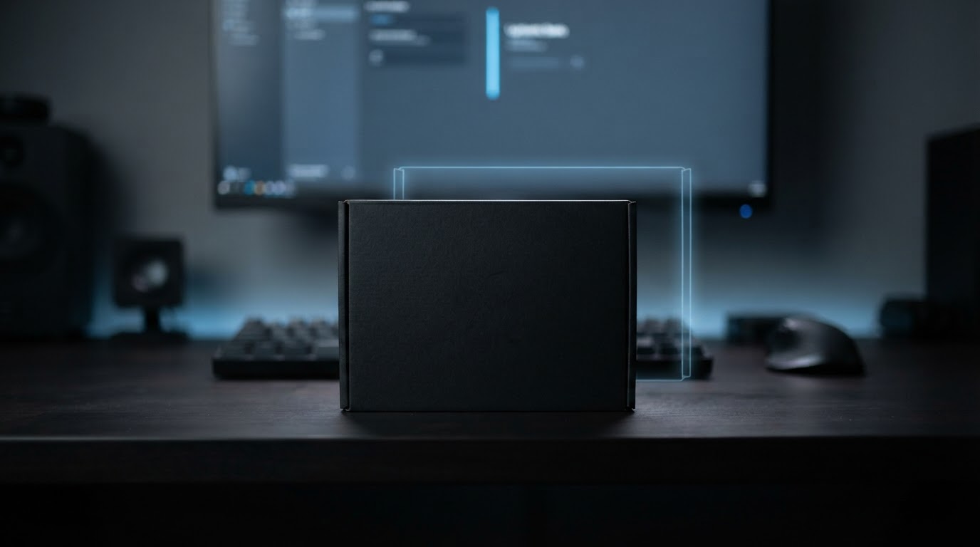 A plugin package on a developer desk with a faint second outline behind it, dark workspace, no text