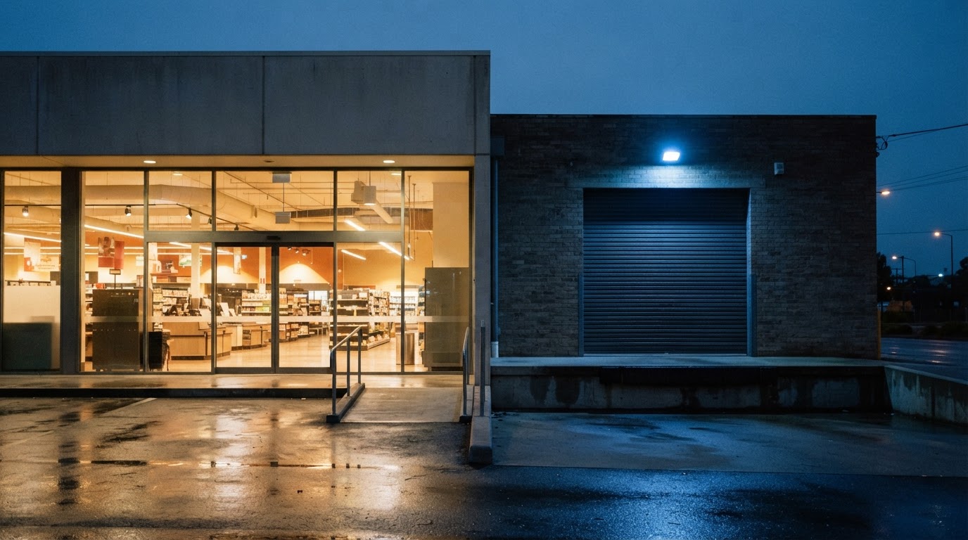 Top 5 Cybersecurity News illustration of a lit supermarket entrance at dusk beside a dark delivery loading bay