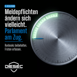 Digital Omnibus Meldepflichten: gebürstete Stahlscheibe mit leuchtendem grünem Skalenbogen und blauem Zeiger auf Schwarz