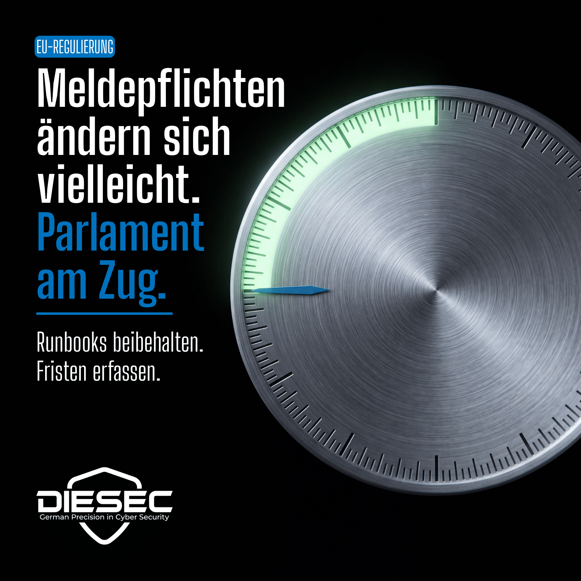 Digital Omnibus Meldepflichten: gebürstete Stahlscheibe mit leuchtendem grünem Skalenbogen und blauem Zeiger auf Schwarz