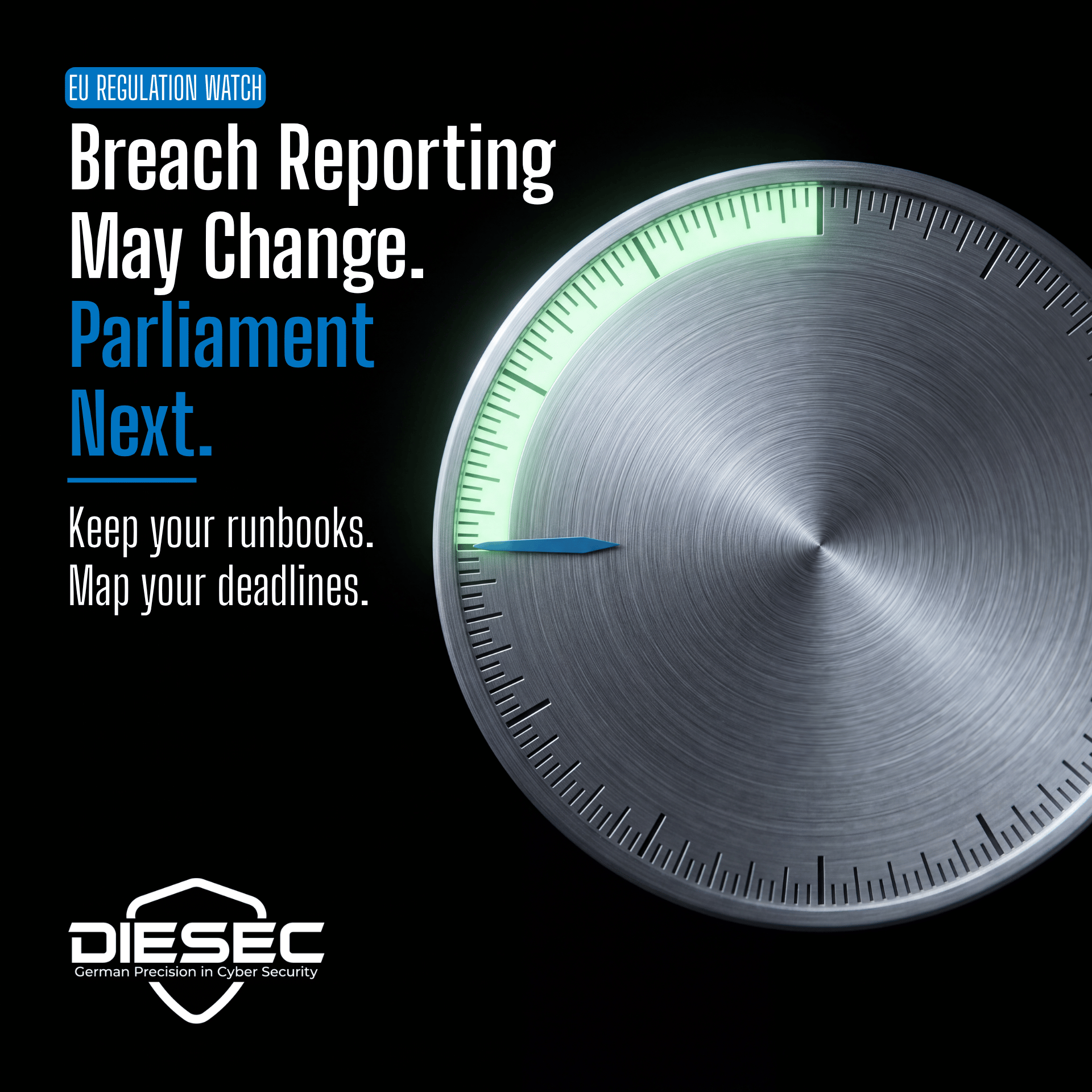 Digital Omnibus incident reporting: brushed steel dial with a glowing green scale arc and a blue pointer on black