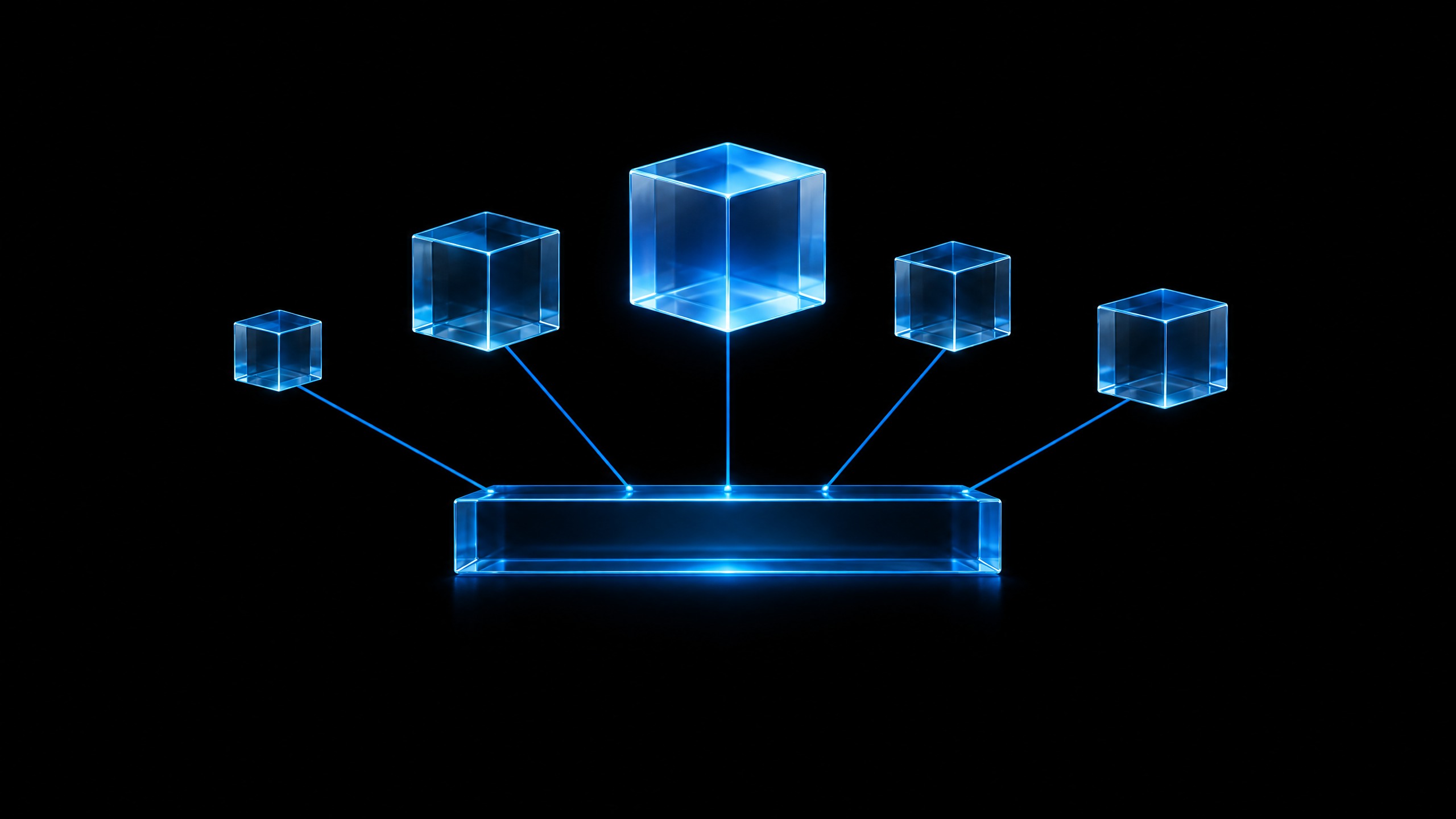 Illustration: a row of server cubes of different sizes, all connected to one shared PHP runtime block