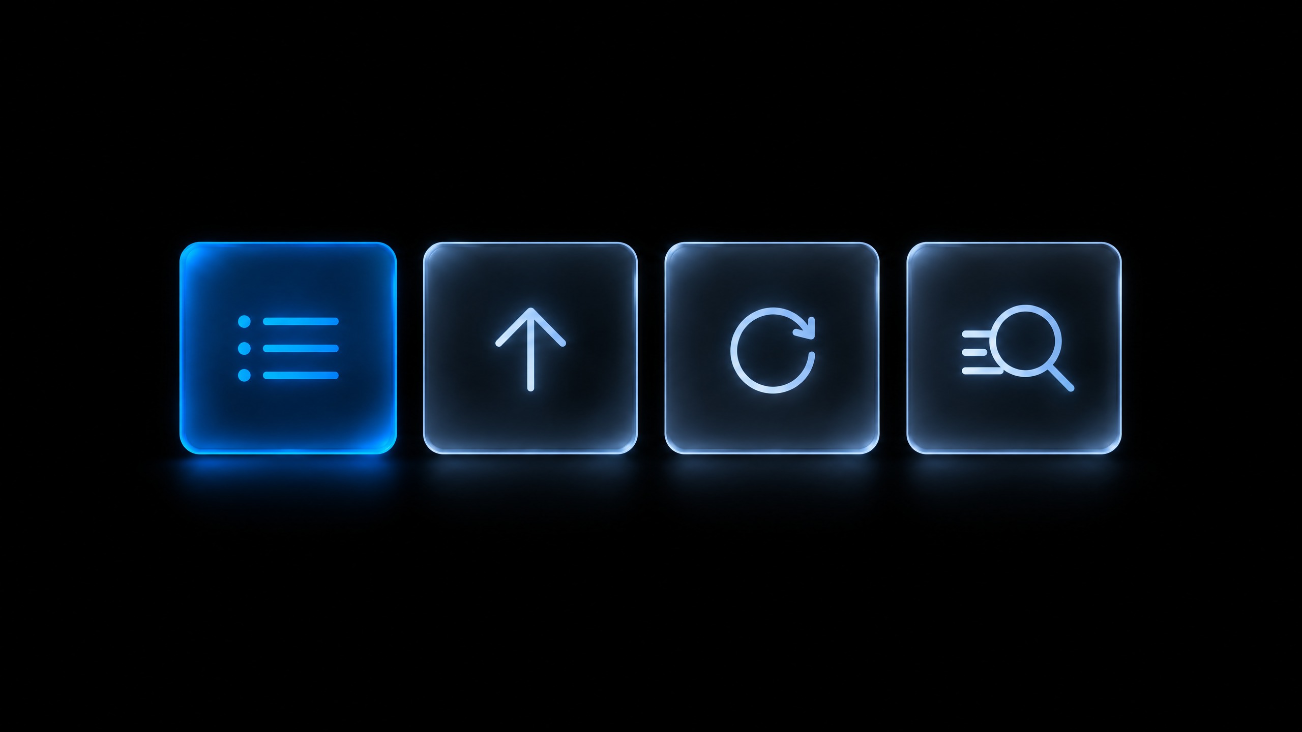 PHP2Shell Sicherheitslücke, Gegenmaßnahmen: Vier gläserne Kacheln mit Symbolen für Bestandsaufnahme, Update, Neustart und Log-Prüfung