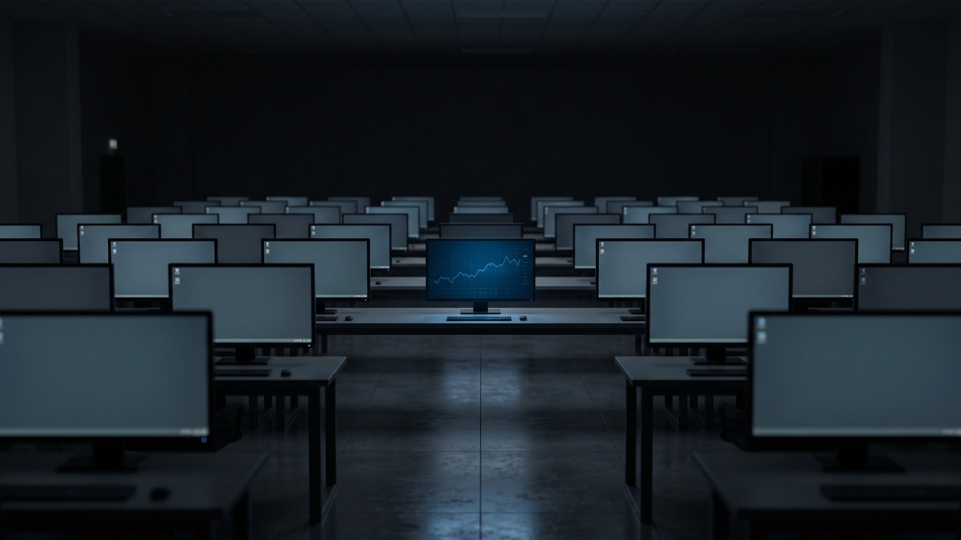 Top 5 Cybersecurity News illustration of rows of identical virtual desktop screens in a dark server hall, one screen showing a trading chart