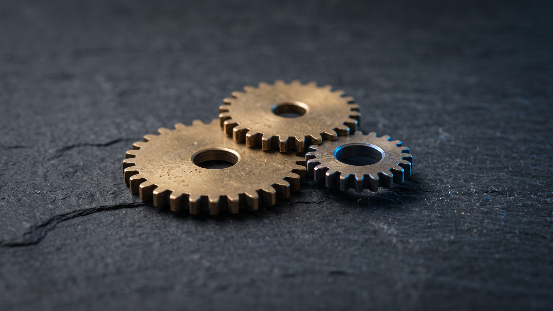 Top 5 Cybersecurity News illustration of three interlocking brass gears inside a dark enterprise server cabinet, one gear lit in blue