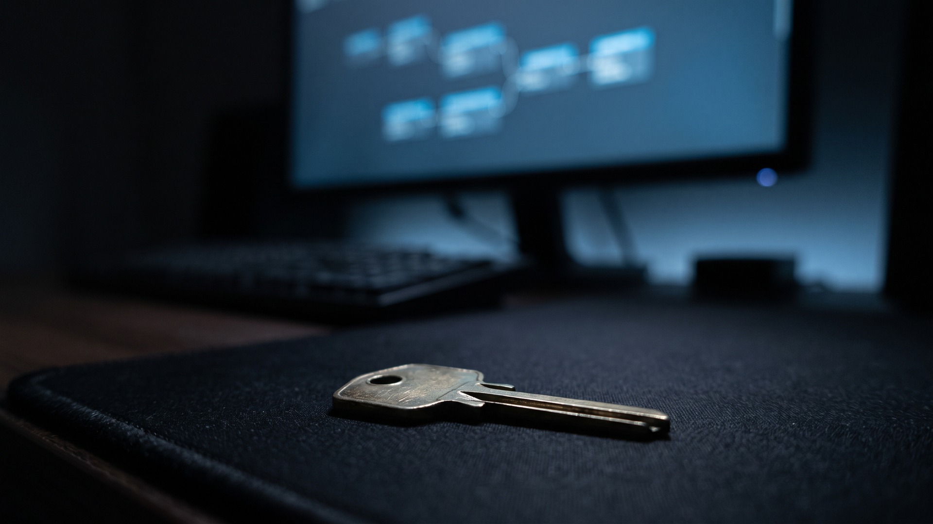 A brass key lying on a dark desk in front of a dim monitor showing an abstract release pipeline