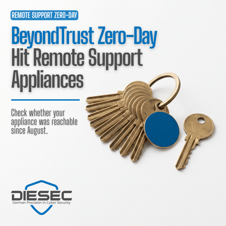 Brass key ring with a blue tag and a loose copied key, symbolizing the BeyondTrust Remote Support zero-day CVE-2026-102764