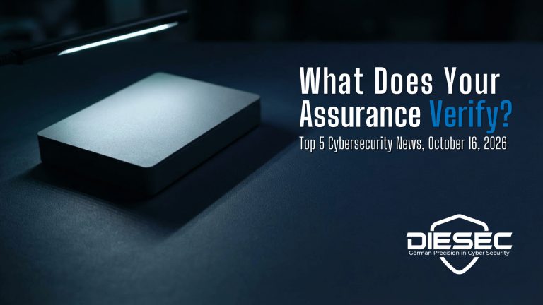 Sealed matte-grey device on a dark table under a narrow lamp, with the headline “What Does Your Assurance Verify?” and the DIESEC logo, for Top 5 Cybersecurity News, October 16, 2026