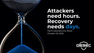 Top 5 Cybersecurity News, October 23, 2026: hourglass with blue sand and the headline “Attackers need hours. Recovery needs days.”