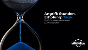 Top 5 Cybersicherheit-News, 23. Oktober 2026: Sanduhr mit blauem Sand und der Überschrift “Angriff: Stunden. Erholung: Tage.